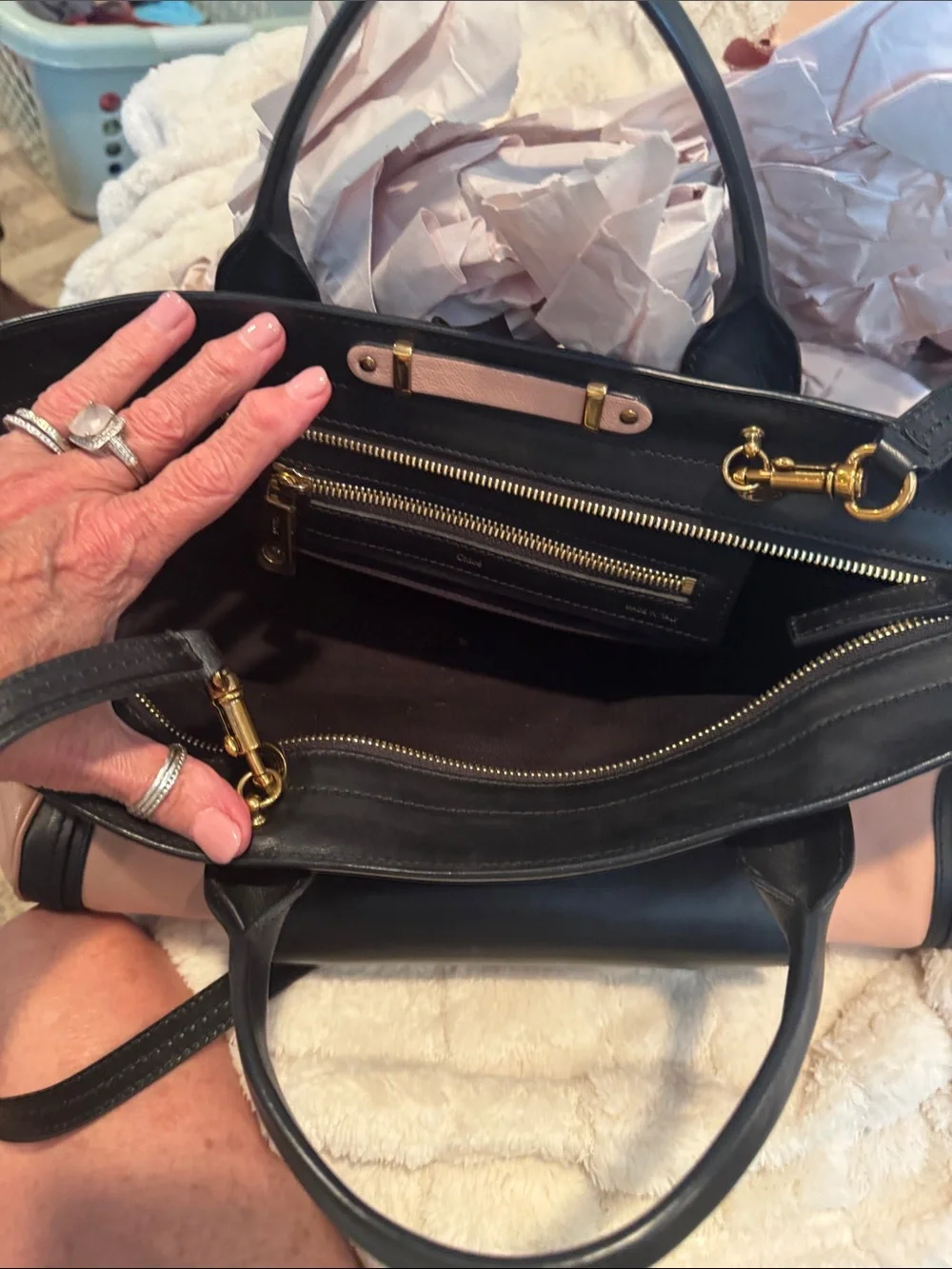 Chloe Black and Blush Pink Leather Satchel with shoulder strap.